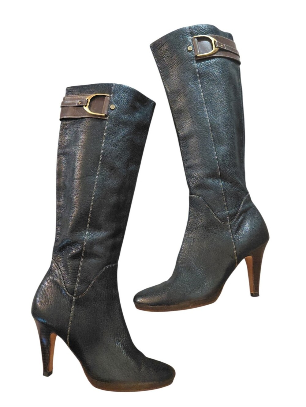 Cole Haan + Nike Air Black Leather Knee-High Heeled Boots Size 10 B